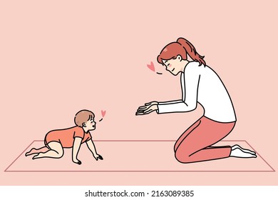 Loving happy young mother play with little toddler crawling at home. Smiling caring mom have fun teach baby infant walking make first steps. Motherhood. Vector illustration. 