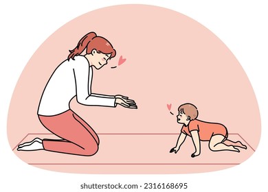 Amante y feliz madre joven juega con el pequeño bebé gateando en casa. La sonriente madre que se preocupa por cuidar a un bebé se divierte enseñándole a caminar y dar los primeros pasos. Maternidad. Ilustración vectorial.