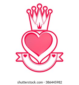 Loving heart artistic illustration with queen crown and ribbon. Royal symbol, imperial accessory. Valentine??s day romantic design element, best for use in advertising and graphic design.