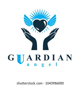 Loving heart in human hands, giving aid metaphor. Holy spirit graphic vector logo best for use in charity organizations.