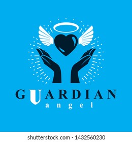 Loving heart in human hands, giving aid metaphor. Holy spirit graphic vector logo best for use in charity organizations.