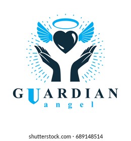 Loving Heart In Human Hands, Giving Aid Metaphor. Holy Spirit Graphic Vector Logo Best For Use In Charity Organizations.
