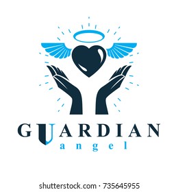 Loving Heart In Human Hands, Giving Aid Metaphor. Holy Spirit Graphic Vector Logo Best For Use In Charity Organizations.