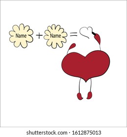 A loving heart writes a formula of love with chalk on a wall (blackboard). Insert your names and receive a personal congratulation on Valentine's Day, weddings, romantic evenings. Vector illustration.