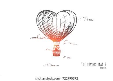 The loving hearts concept. Hand drawn man and woman in love. Loving couple flying on balloon isolated vector illustration.