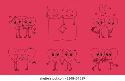 Loving hearts in different poses. Cute characters in doodle style.