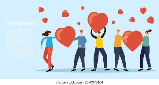 Loving hearts.People hold hearts in their hands.A symbol of love and affection.A business-style poster.Vector illustration.