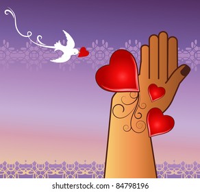 loving helping hand  concept - hearts- bird (2 graphic banners in background)