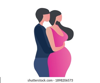 Loving husband hugging his pregnant wife vector illustration. Pregnant woman, parenthood and maternity concept