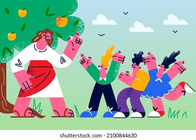 Loving Jesus Christ with small children in garden. Caring messiah talk speak with little kids in heaven. Biblical story or narrative. Religion and faith concept. Flat vector illustration. 