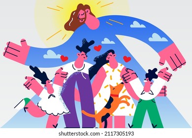 Loving Jesus figure embrace protect happy young family with kids. Caring Christ hug guard smiling parents and children. Religion and faith concept. Christianity. Flat vector illustration. 