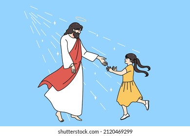 Loving Jesus stretch hand meet smiling small girl child show care. Father Christ with little kid demonstrate support. Faith and religion concept. Christianity believer. Flat vector illustration. 