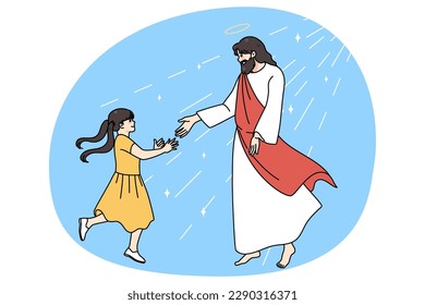 Loving Jesus stretch hand meet smiling small girl child show care. Father Christ with little kid demonstrate support. Faith and religion concept. Christianity believer. Flat vector illustration.