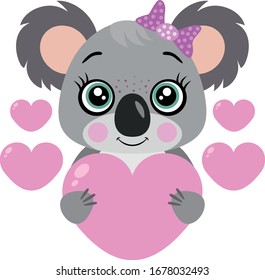 Loving koala girl with pink hearts