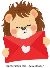 Loving lion holding a valentine letter envelope
