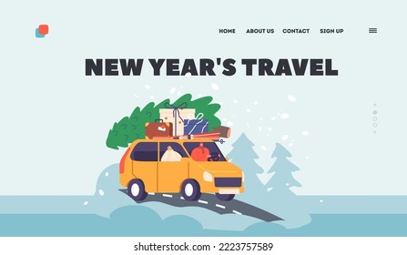 Loving Male and Female Characters Winter Road Journey Landing Page Template. Couple Travel for Christmas on Car with Fir Tree and Bags with Presents on Roof Trunk. Cartoon People Vector Illustration