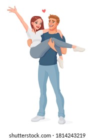 Loving man is carrying his woman. Happy smiling joyful couple. Cartoon vector illustration isolated on white background.