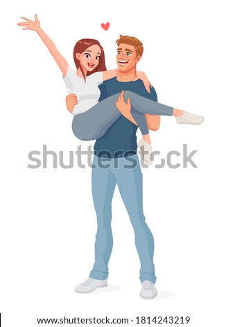 Loving man is carrying his woman. Happy smiling joyful couple. Cartoon vector illustration isolated on white background.