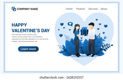 Loving man give gift to woman. Couple is celebrating valentine's day. Can use for web banner, infographics, landing page, web template. Flat vector illustration