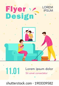 Loving man helping with house routine when woman feeding baby. Breast, family, newborn flat vector illustration. Motherhood and lactation concept for banner, website design or landing web page