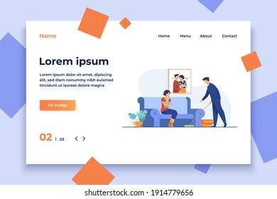 Loving man helping with house routine when woman feeding baby. Breast, family, newborn flat vector illustration. Motherhood and lactation concept for banner, website design or landing web page