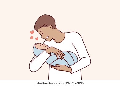 Loving man holds baby in arms and smiles enjoy communication with own son. Young positive father with short hair is happy to see newborn tot wrapped in blanket. Flat vector illustration