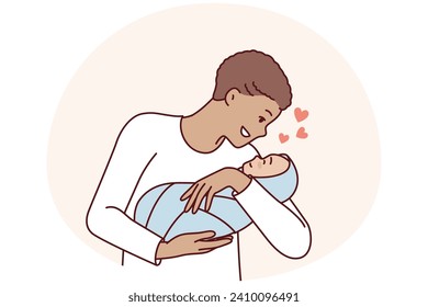 Loving man holds baby in arms and smiles enjoy communication with own son. Young positive father with short hair is happy to see newborn tot wrapped in blanket. Flat vector illustration