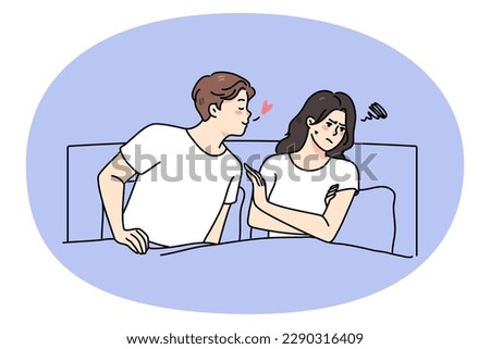 Loving man lying in bed with ignorant woman show affection and care. Young couple relationships problem concept. Husband and wife have relations troubles. Breakup or divorce. Vector illustration.