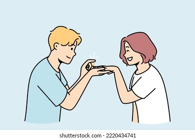 Loving man make proposal to excited woman. Caring happy male put engagement ring on smiling female finger. Marriage and relationship goal. Vector illustration. 