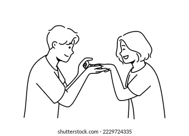 Un hombre amoroso hace una propuesta a una mujer emocionada. El hombre alegre y preocupado puso el anillo de compromiso en el dedo hembra sonriente. Objetivo de matrimonio y relación. Ilustración vectorial. 