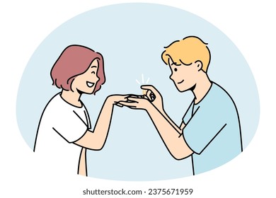 Loving man make proposal to excited woman. Caring happy male put engagement ring on smiling female finger. Marriage and relationship goal. Vector illustration.