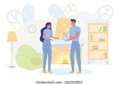 Loving Man Presenting Gift to Woman on Valentine Day, Birthday, Holidays. Surprise, Love and Relations. Couple Expression Emotions of Happiness, Joy. Happy People. Cartoon Flat Vector Illustration
