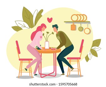 Loving Man and Woman Couple on Romantic Dating in Cafe Cartoon. Pair in Love Having Dinner Sitting at Kitchen Table. Home or Catering Interior. Romance and Relationships. Vector Flat Illustration