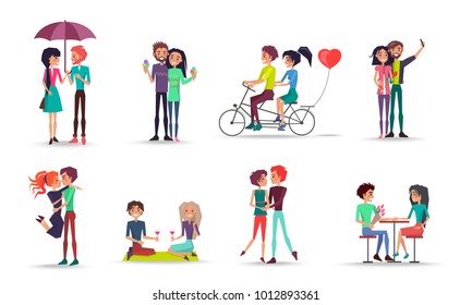 Loving man and woman in differnt positions vector illustration. Young girl and boy sits at table, stands under lilac umbrella, holds ice cream.