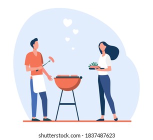 Loving man and woman doing backyard barbecue. Love, rest. Flat vector illustration. Food concept can be used for presentations, banner, website design, landing web page