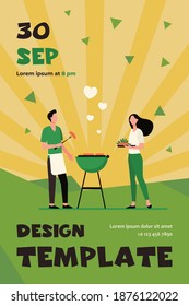 Loving man and woman doing backyard barbecue. Love, rest. Flat vector illustration. Food concept can be used for presentations, banner, website design, landing web page