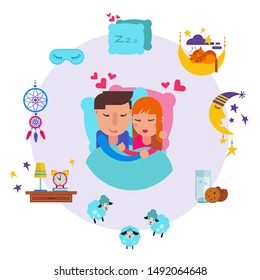 Loving Man And Woman Sleeping Together Vector Illustration. Young Man, Woman Couple Sleep, Sweet Dreams Clouds, Stars, Hearts Pillow And Counting Sheeps.