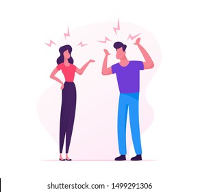 Loving Married Couple Quarrel. Man and Woman Sorting Things Out, Fighting. Family Life Concept. Scandal between Husband and Wife at Home. Love and Human Relations. Cartoon Flat Vector Illustration