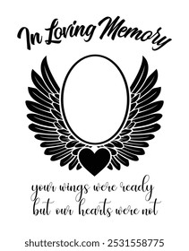 In Loving Memory, Angel wings with heart, In memory of, Rest in peace, In memory, Memorial frame, RIP, Funeral cursive calligraphy