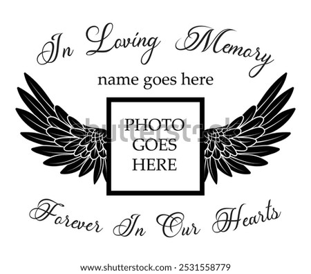In Loving Memory, Angel wings with heart, In memory of, Rest in peace, In memory, Memorial frame, RIP, Funeral cursive calligraphy