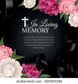 In loving memory background composition with flowers black ribbon and funeral cross with editable condolences text vector illustration