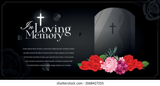 In loving memory black horizontal obituary poster with colorful flowers and tombstone realistic vector illustration