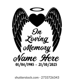 En Loving Memory texto de caligrafía. Descanso fúnebre en letras de paz. Signo de condolencia y símbolo. Ilustración vectorial aislada sobre fondo blanco.