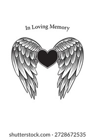 En Plantilla de tarjeta de memoria amorosa. Alas de ángel con el corazón, en memoria de un amigo querido o miembro de la familia. Descanse en paz, RIP, diseño de tarjeta dibujada a mano funeraria.