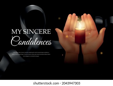 In loving memory horizontal background composition with editable ornate text black ribbon and hands holding candle vector illustration