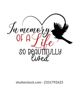 In Loving Memory lettering. illustration vector poster, background, postcard, banner, window. Cardinal. Vector illustration