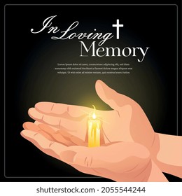 En el afiche del obituario de la memoria amorosa con texto editable y manos humanas sosteniendo una vela quemando ilustración vectorial realista