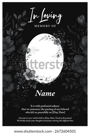 In loving memory template with floral frame, wreath, and elegant typography for funeral or memorial announcement