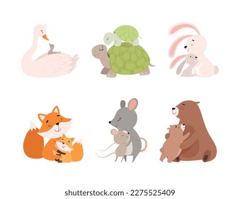 Loving mom animals hugging cubs set. Cute parent and baby animal. Families of goose, turtle, rabbit, fox, mouse, bear cartoon vector illustration