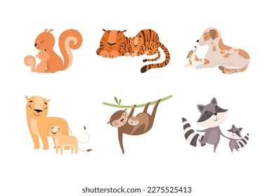 Loving mom animals hugging cubs set. Cute parent and baby animal. Families of squirrel, tiger, dog, capybara, racoon, sloth cartoon vector illustration